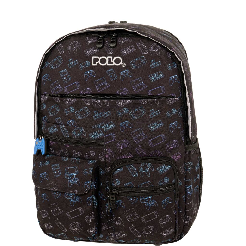 YOUNGSTER 901068-8374 POLO Σακίδιο πλάτης σε μαύρο χρώμα με πολύχρωμο pattern εμπνευσμένο από pc games με 2 κεντρικές θήκες και 6 τσεπάκια στο μπροστινό μέρος