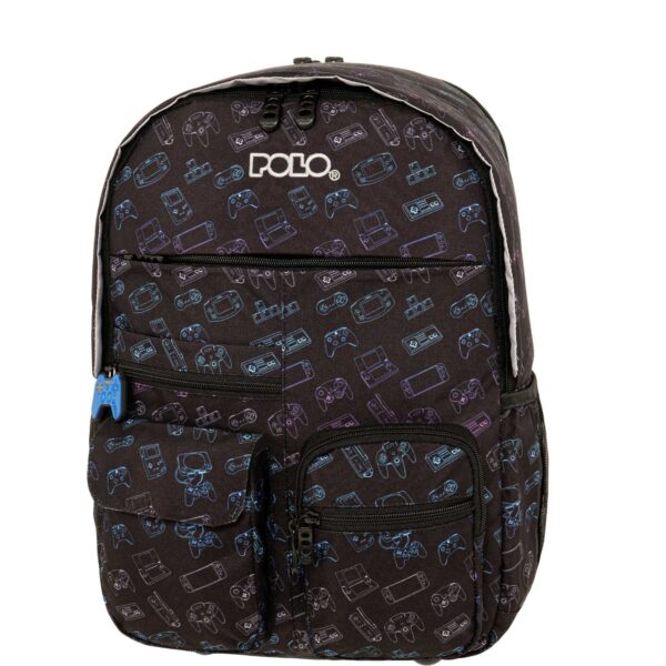 YOUNGSTER 901068-8374 POLO Σακίδιο πλάτης σε μαύρο χρώμα με πολύχρωμο pattern εμπνευσμένο από pc games με 2 κεντρικές θήκες και 6 τσεπάκια στο μπροστινό μέρος