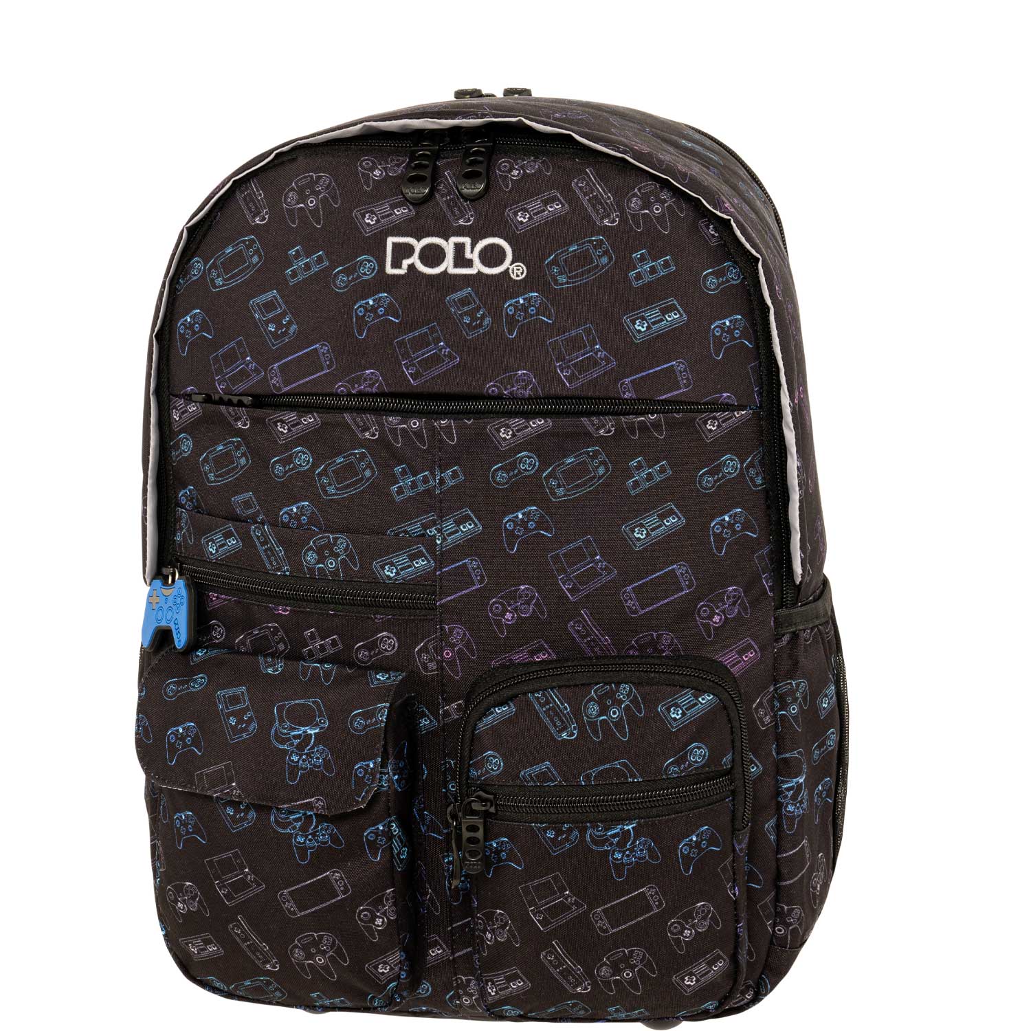 YOUNGSTER 901068-8374 POLO Σακίδιο πλάτης σε μαύρο χρώμα με πολύχρωμο pattern εμπνευσμένο από pc games με 2 κεντρικές θήκες και 6 τσεπάκια στο μπροστινό μέρος