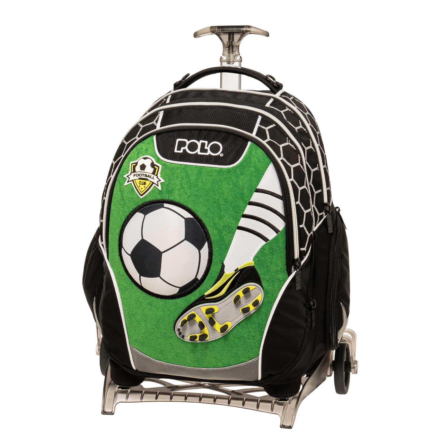 Παιδική σχολική τσάντα τρόλεϊ Polo με ποδοσφαιρικό σχέδιο, μπάλα και παπούτσι ποδοσφαίρου σε πράσινο-μαύρο χρώμα, ιδανική για δημοτικό