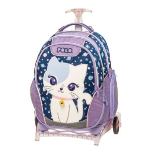 ΤΣΑΝΤΑ ΔΗΜΟΤΙΚΟΥ TROLLEY REEL Polo με χαριτωμένο σχέδιο γάτας, αστέρια και πλανήτες, σε μπλε-λιλά αποχρώσεις, με 3 θήκες, πλαϊνές τσέπες και ανθεκτικό σύστημα ροδών