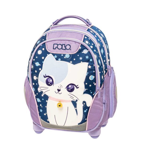 Σχολική τσάντα δημοτικού τρόλεϊ Polo με χαριτωμένο σχέδιο γάτας, αστέρια και πλανήτες, σε μπλε-λιλά αποχρώσεις, με 3 θήκες, πλαϊνές τσέπες και ανθεκτικό σύστημα ροδών