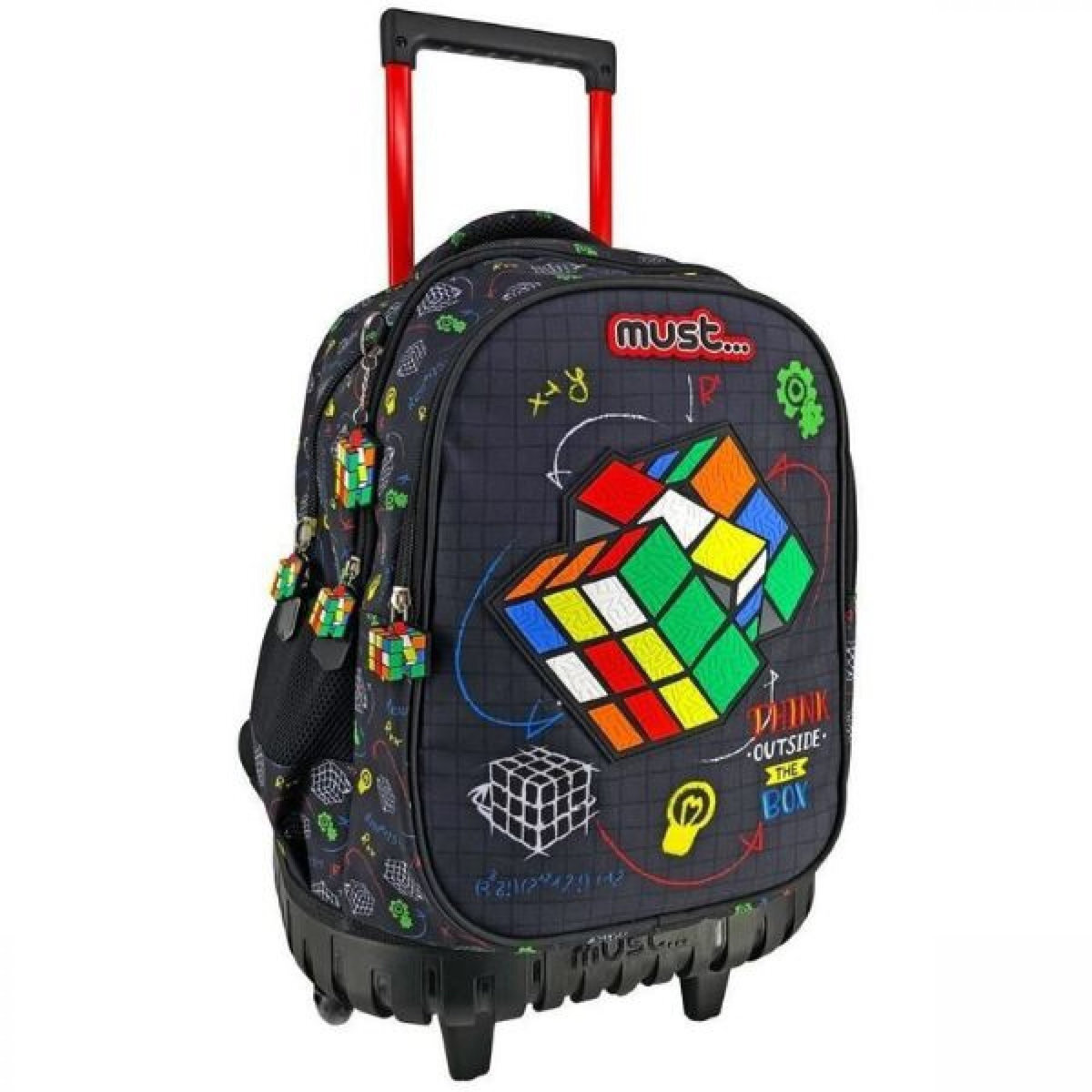 Σχολική τσάντα τρόλεϊ Must μαύρη με σχέδιο κύβου και πολύχρωμες λεπτομέρειες