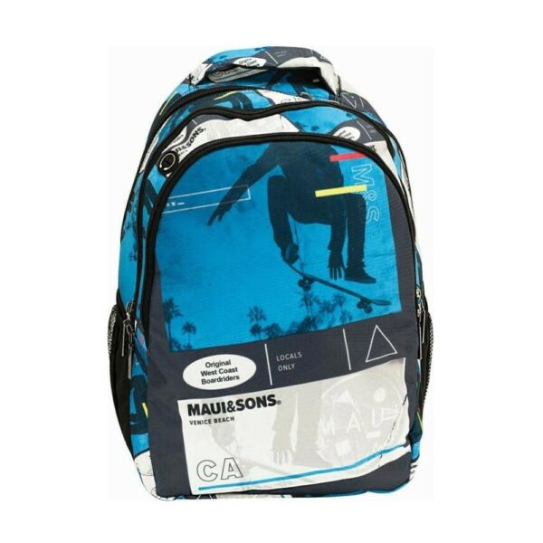 Σχολική τσάντα πλάτης Maui & Sons σε μπλε αποχρώσεις με σχέδιο skateboard
