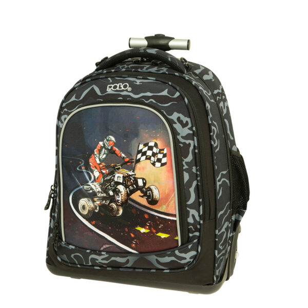 Σχολική τσάντα τρόλεϊ Polo σε γκρι παραλλαγή με μπροστινό σχέδιο αναβάτη quad και καρό σημαία αγώνα.