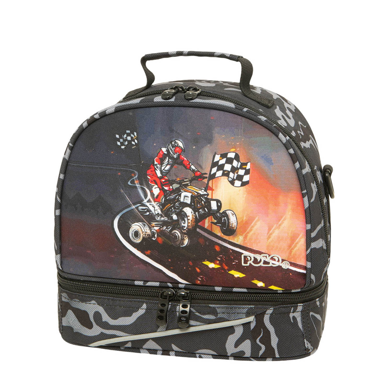τσαντάκι φαγητού Polo παιδικό σε γκρι παραλλαγή με μπροστινό σχέδιο αναβάτη quad και καρό σημαία αγώνα.