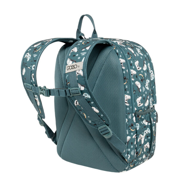 YOUNGSTER 901068-8443 POLO μοντέρνο σακίδιο πλάτης σε πετρόλ χρωμα με θέμα games με 2 κεντρικές θήκες και 6 τσεπάκια στην μπροστινή πλευρά