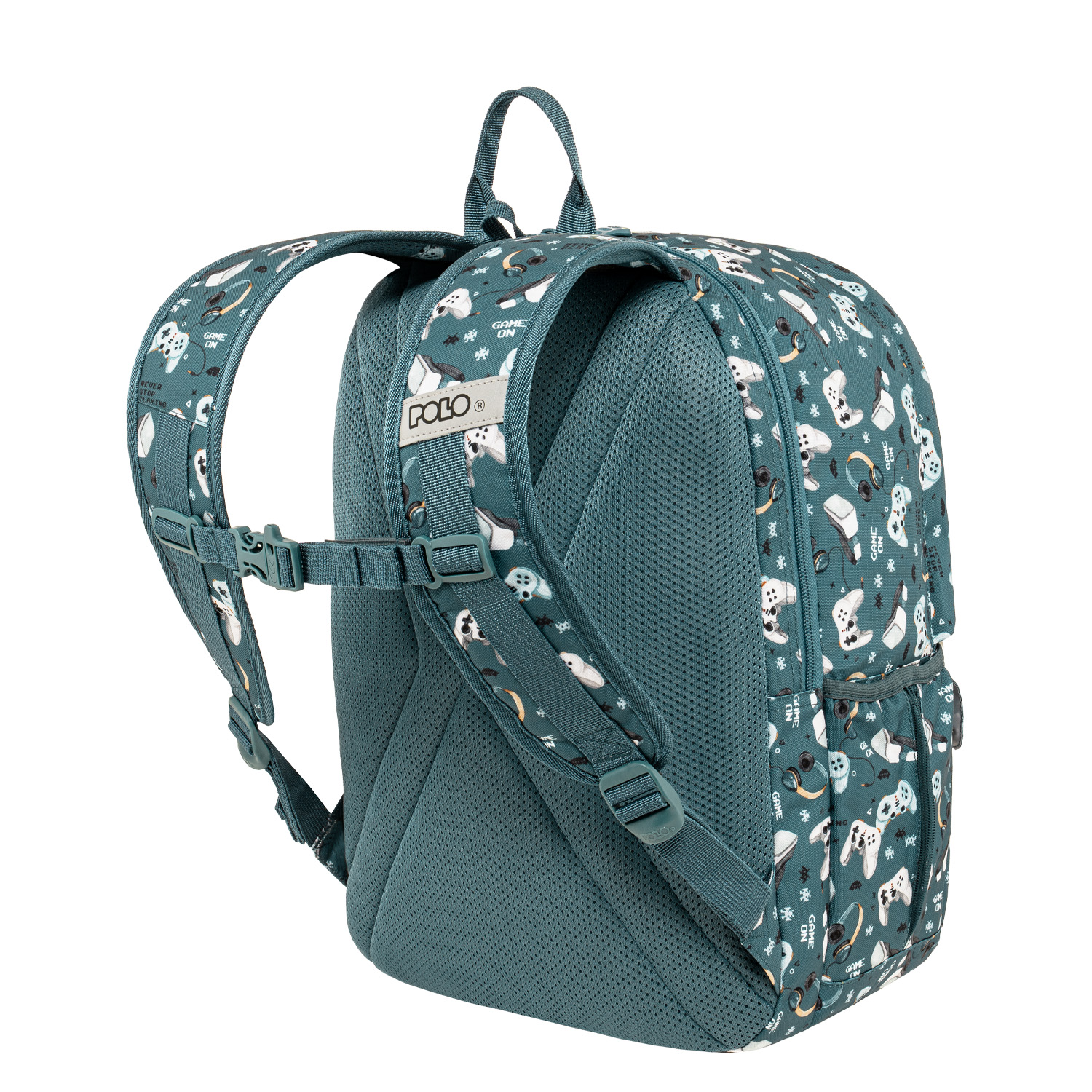 YOUNGSTER 901068-8443 POLO μοντέρνο σακίδιο πλάτης σε πετρόλ χρωμα με θέμα games με 2 κεντρικές θήκες και 6 τσεπάκια στην μπροστινή πλευρά