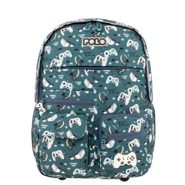 YOUNGSTER 901068-8443 POLO μοντέρνο σακίδιο πλάτης σε πετρόλ χρωμα με θέμα games με 2 κεντρικές θήκες και 6 τσεπάκια στην μπροστινή πλευρά