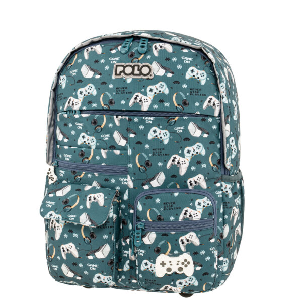 901068-8443 YOUNGSTER 901068-8443 POLO μοντέρνο σακίδιο πλάτης σε πετρόλ χρωμα με θέμα games με 2 κεντρικές θήκες και 6 τσεπάκια στην μπροστινή πλευρά