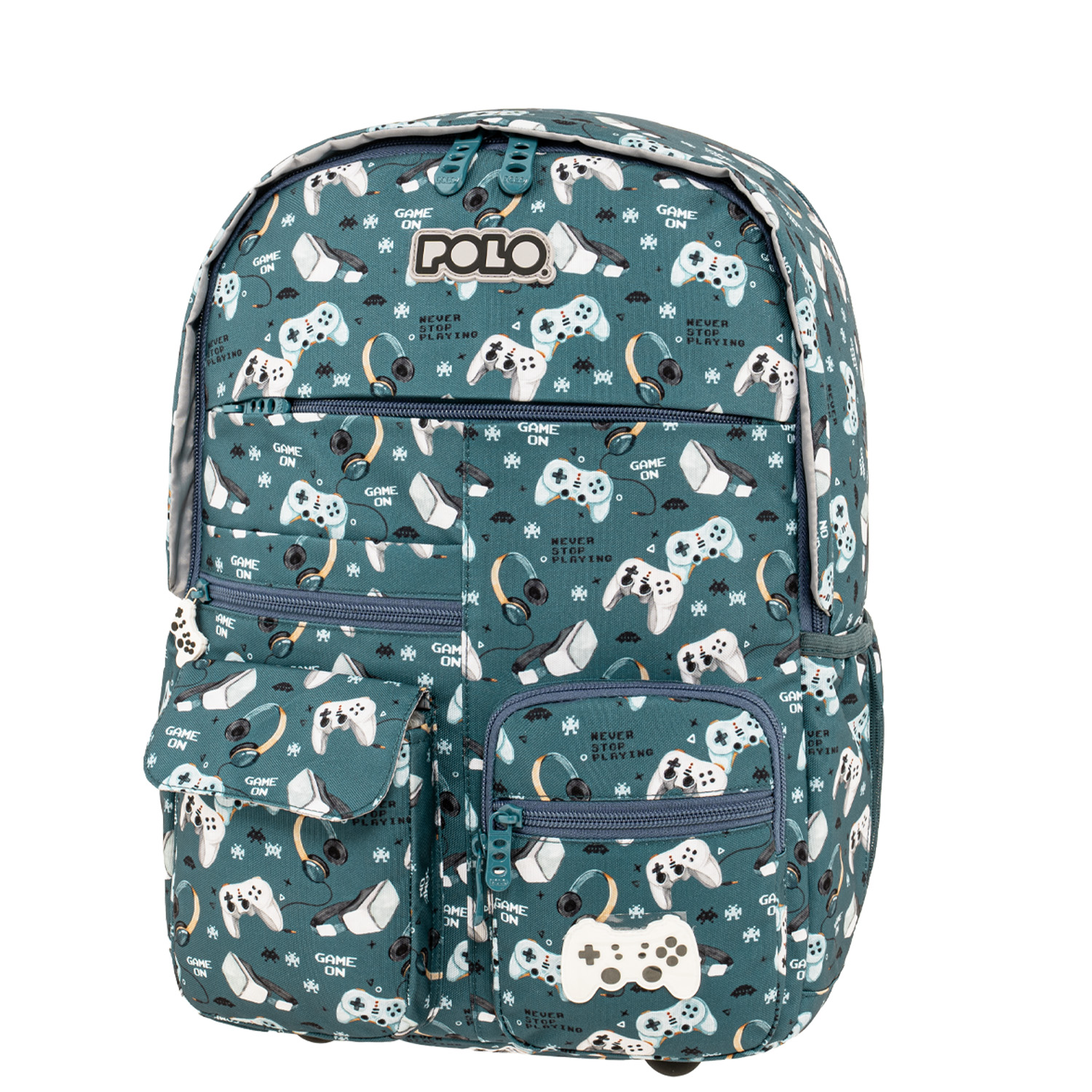 YOUNGSTER 901068-8443 POLO μοντέρνο σακίδιο πλάτης σε πετρόλ χρωμα με θέμα games με 2 κεντρικές θήκες και 6 τσεπάκια στην μπροστινή πλευρά