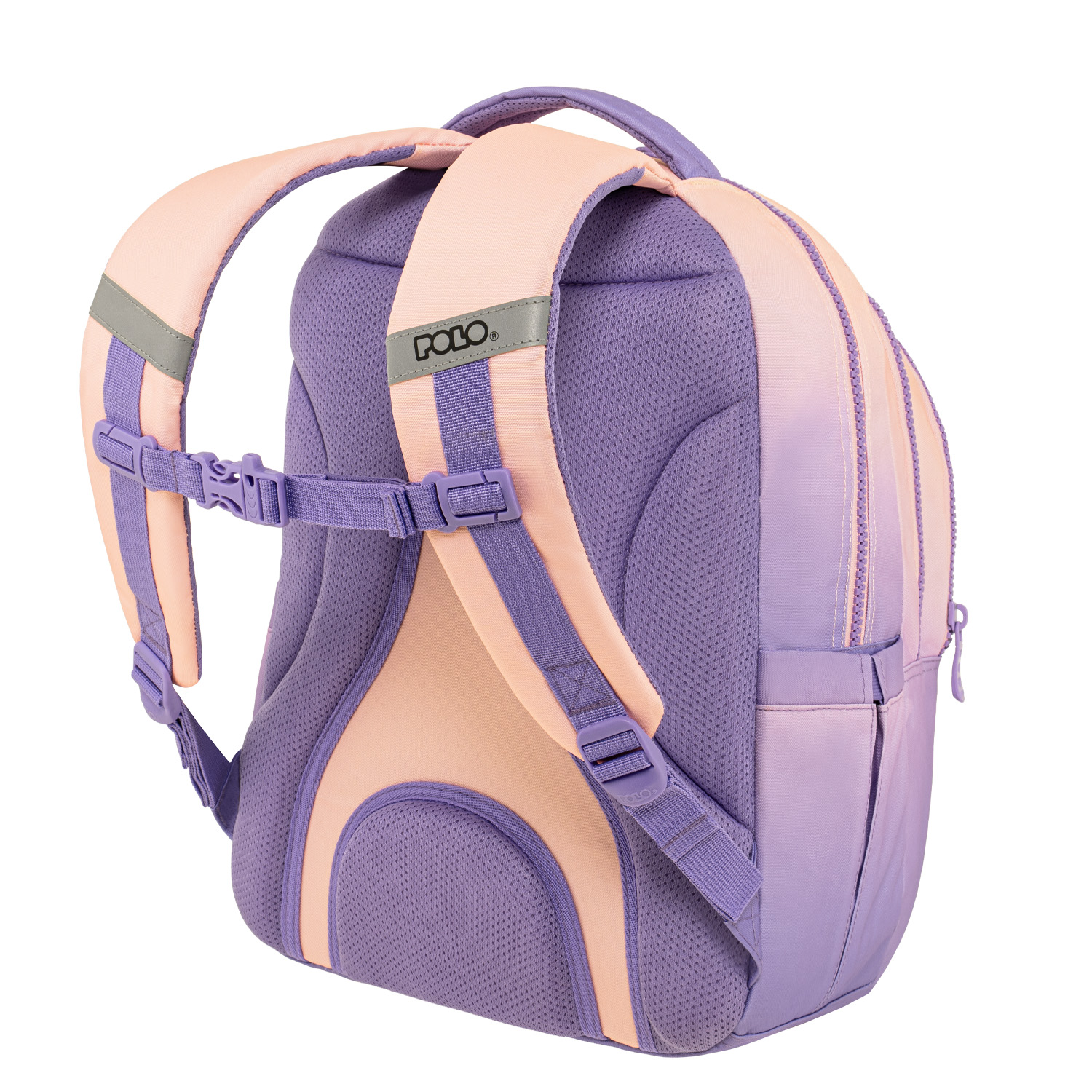POLO σακίδιο πλάτης 901078-8411 μπεζ και μωβ με πολλαπλές θήκες, ιδανικό για σχολείο, φροντιστήριο και καθημερινή χρήση.