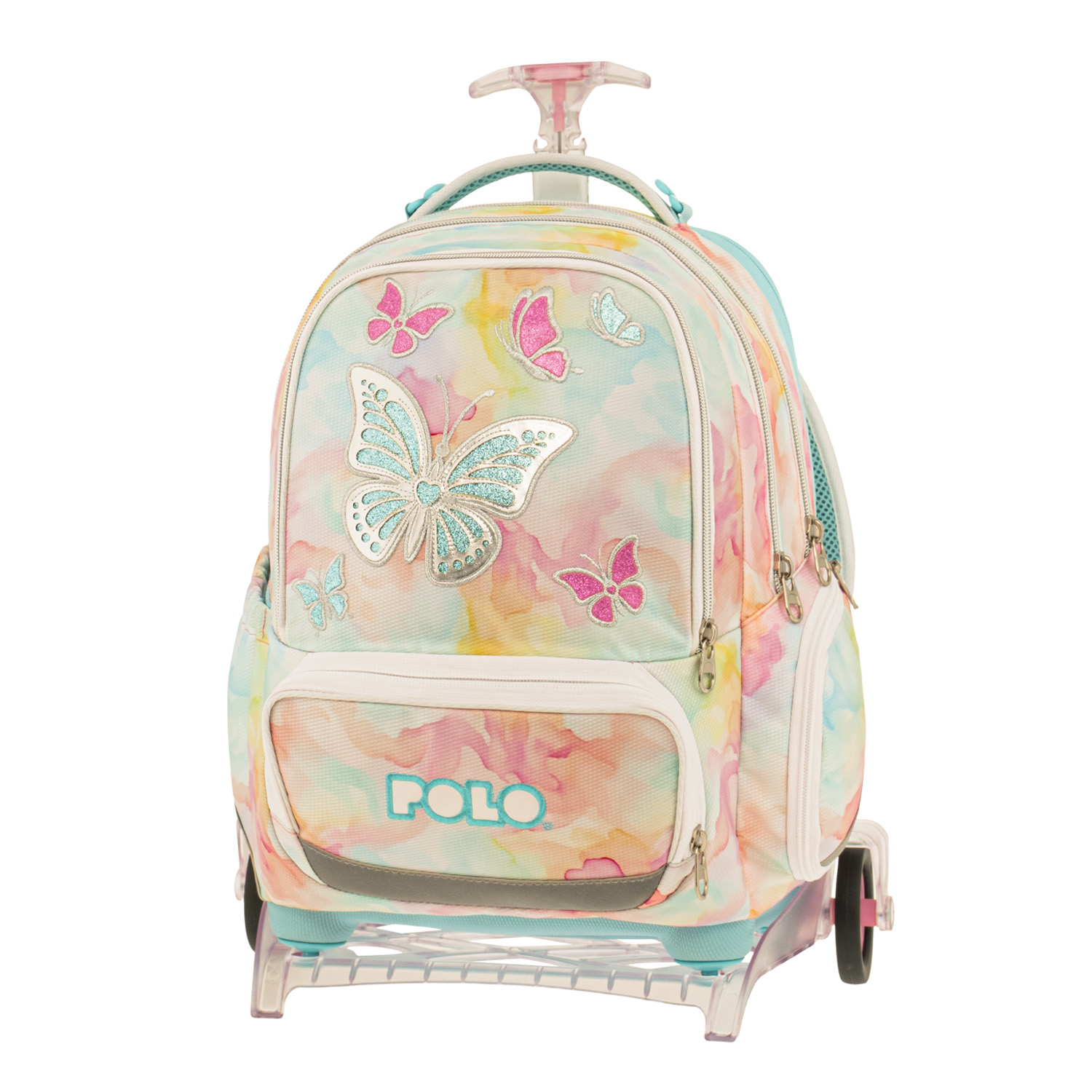 Σχολική τσάντα τρόλεϊ POLO 965055-8419 σε παστέλ αποχρώσεις με σχέδιο πεταλούδων, πολλαπλές θήκες με φερμουάρ, μπροστινή τσέπη με λογότυπο POLO και αποσπώμενο μηχανισμό τρόλεϊ με ρόδες για εύκολη μεταφορά.