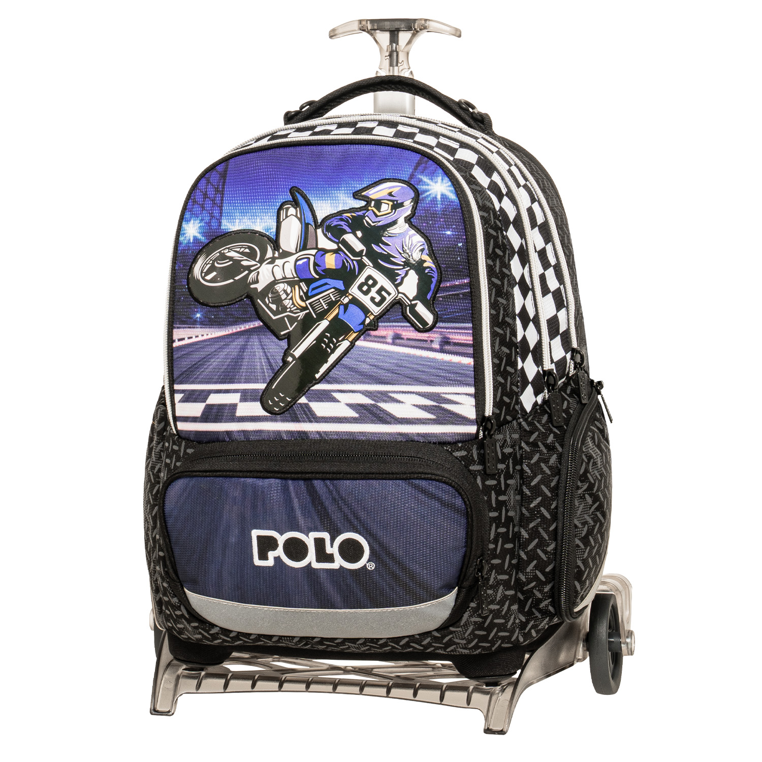 Σχολική τσάντα τρόλεϊ POLO 965055-8422 σε αποχρώσεις μαύρο και μπλε με σχέδιο αγωνιστική μηχανή, πολλαπλές θήκες με φερμουάρ, μπροστινή τσέπη με λογότυπο POLO και αποσπώμενο μηχανισμό τρόλεϊ με ρόδες για εύκολη μεταφορά.