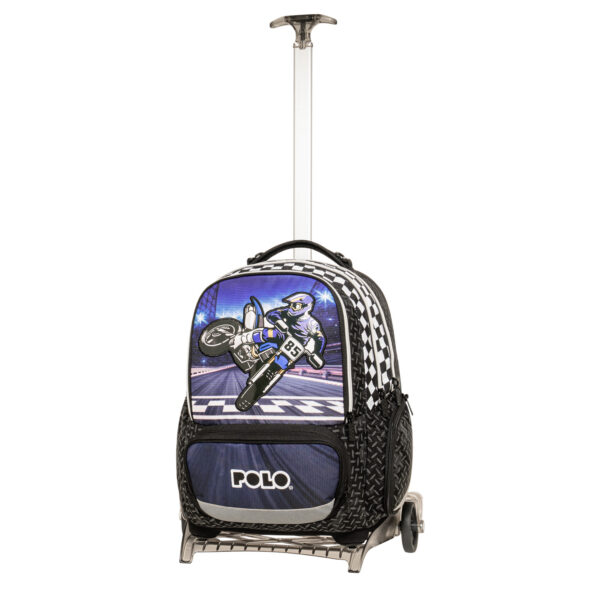 Σχολική τσάντα τρόλεϊ POLO 965055-8422 σε αποχρώσεις μαύρο και μπλε με σχέδιο αγωνιστική μηχανή, πολλαπλές θήκες με φερμουάρ, μπροστινή τσέπη με λογότυπο POLO και αποσπώμενο μηχανισμό τρόλεϊ με ρόδες για εύκολη μεταφορά.